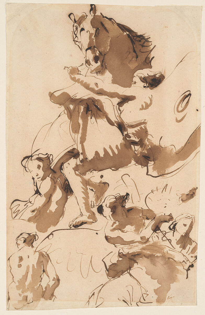 One of the Hours Holding the Bridle of a Horse of the Sun, and Other Figures, Giovanni Battista Tiepolo  Italian, Pen and brown ink, brown wash