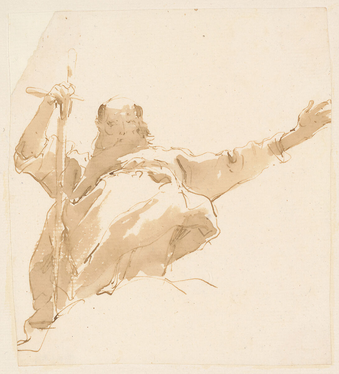 Old Man Holding a Sword, His Left Arm Outstretched, Giovanni Battista Tiepolo (Italian, Venice 1696–1770 Madrid), Pen and brown ink, brown wash 
