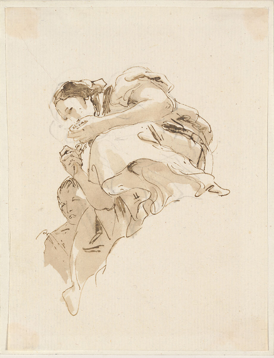 Crouching Woman with a Boy Behind Her, Giovanni Battista Tiepolo (Italian, Venice 1696–1770 Madrid), Pen and brown ink, brown wash, over black chalk 