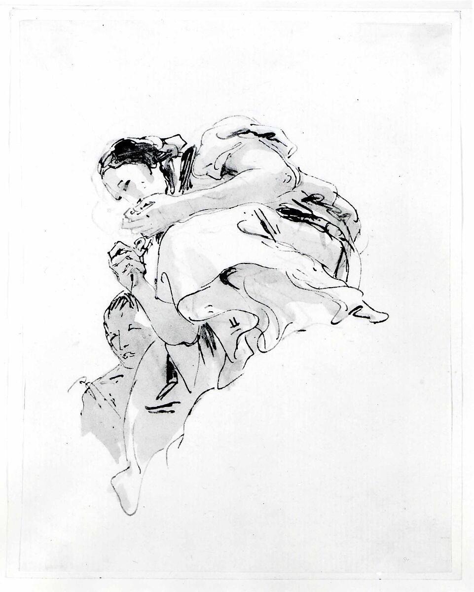 Crouching Woman with a Boy Behind Her, Giovanni Battista Tiepolo (Italian, Venice 1696–1770 Madrid), Pen and brown ink, brown wash, over black chalk