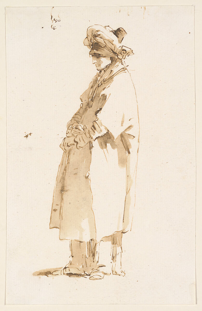 Man with an Elaborate Headdress, Facing Left, Giovanni Domenico Tiepolo (Italian, Venice 1727–1804 Venice), Pen and brown ink, brown wash 