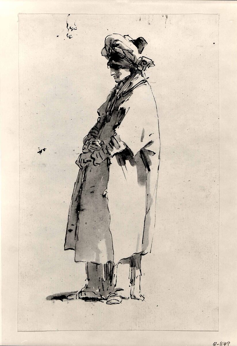 Man with an Elaborate Headdress, Facing Left, Giovanni Domenico Tiepolo (Italian, Venice 1727–1804 Venice), Pen and brown ink, brown wash
