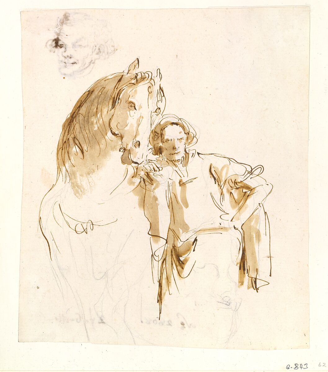 Man Leaning against a Horse, Giovanni Battista Tiepolo (Italian, Venice 1696–1770 Madrid), Pen and brown ink, brown wash, over black chalk 