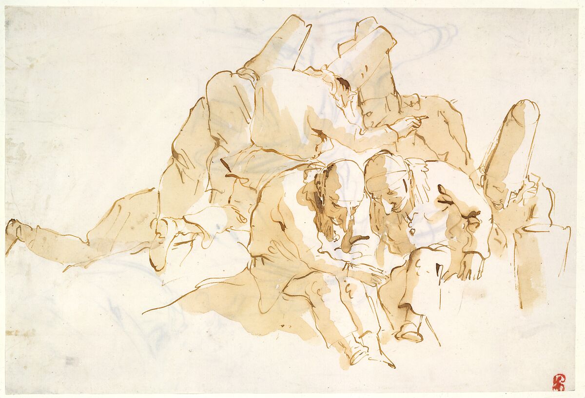 A Group of Punchinelli Seated, Giovanni Battista Tiepolo (Italian, Venice 1696–1770 Madrid), Pen and brown ink, brown wash, over black chalk 