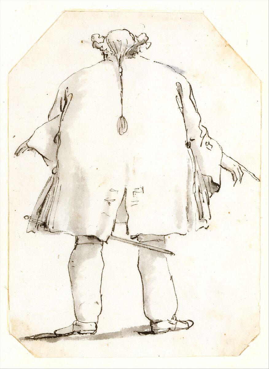Caricature of a Fat Man, Seen From Behind, Giovanni Battista Tiepolo (Italian, Venice 1696–1770 Madrid), Pen and black ink, gray wash