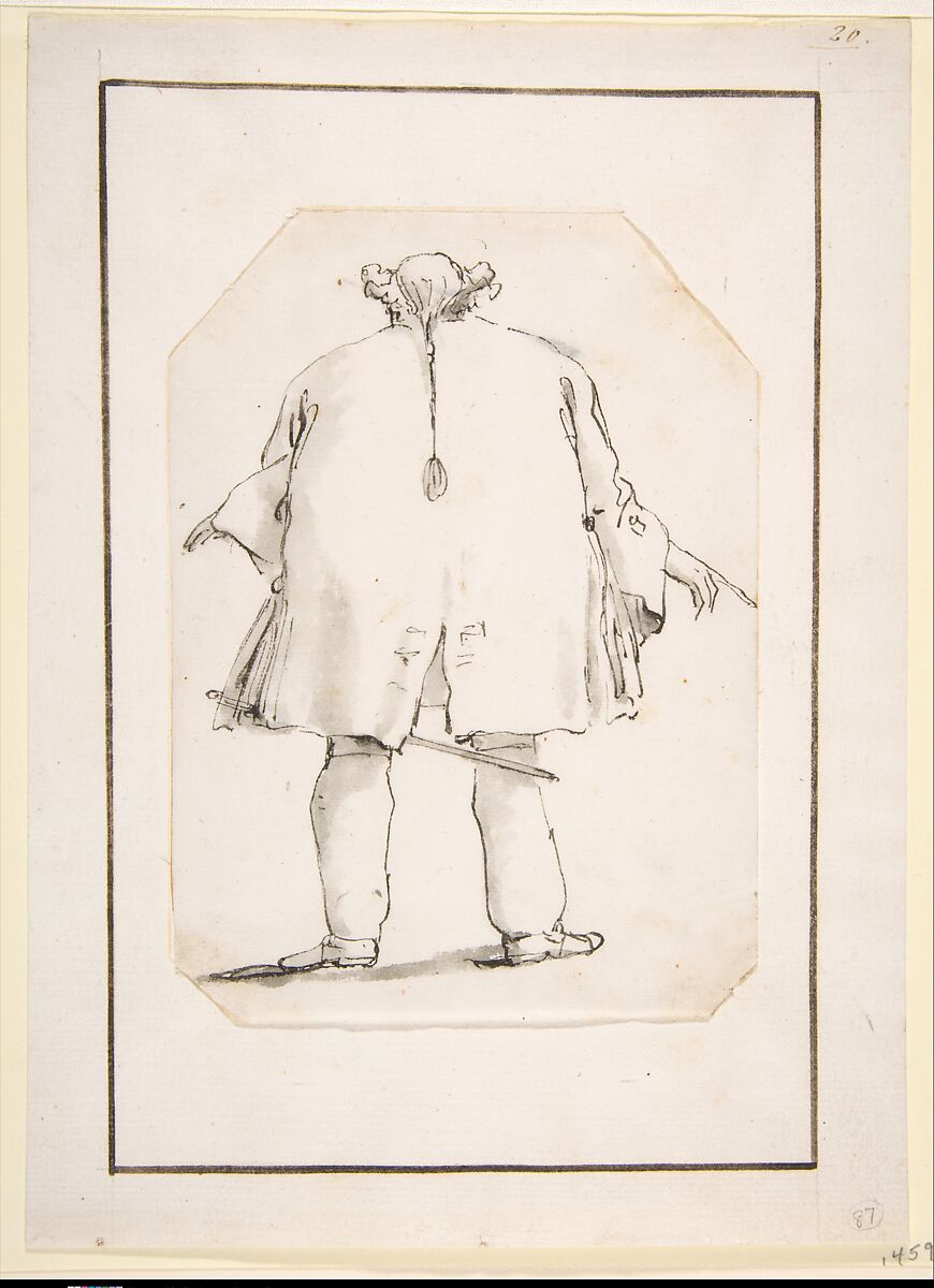 Caricature of a Fat Man, Seen From Behind, Giovanni Battista Tiepolo (Italian, Venice 1696–1770 Madrid), Pen and black ink, gray wash 