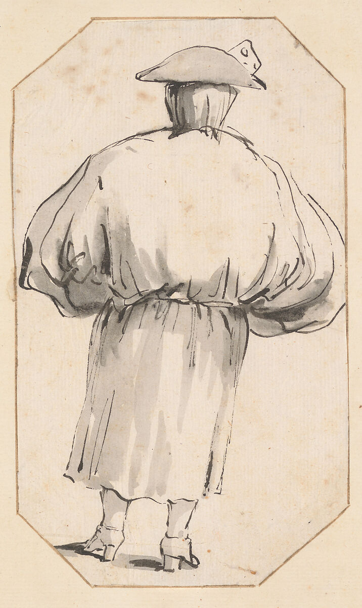Caricature of a Person in a Voluminous Gown, Seen from Behind, Giovanni Battista Tiepolo (Italian, Venice 1696–1770 Madrid), Pen and black ink, gray wash 