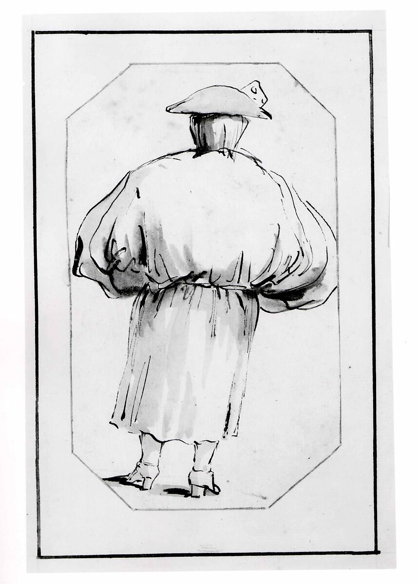 Caricature of a Person in a Voluminous Gown, Seen from Behind, Giovanni Battista Tiepolo (Italian, Venice 1696–1770 Madrid), Pen and black ink, gray wash