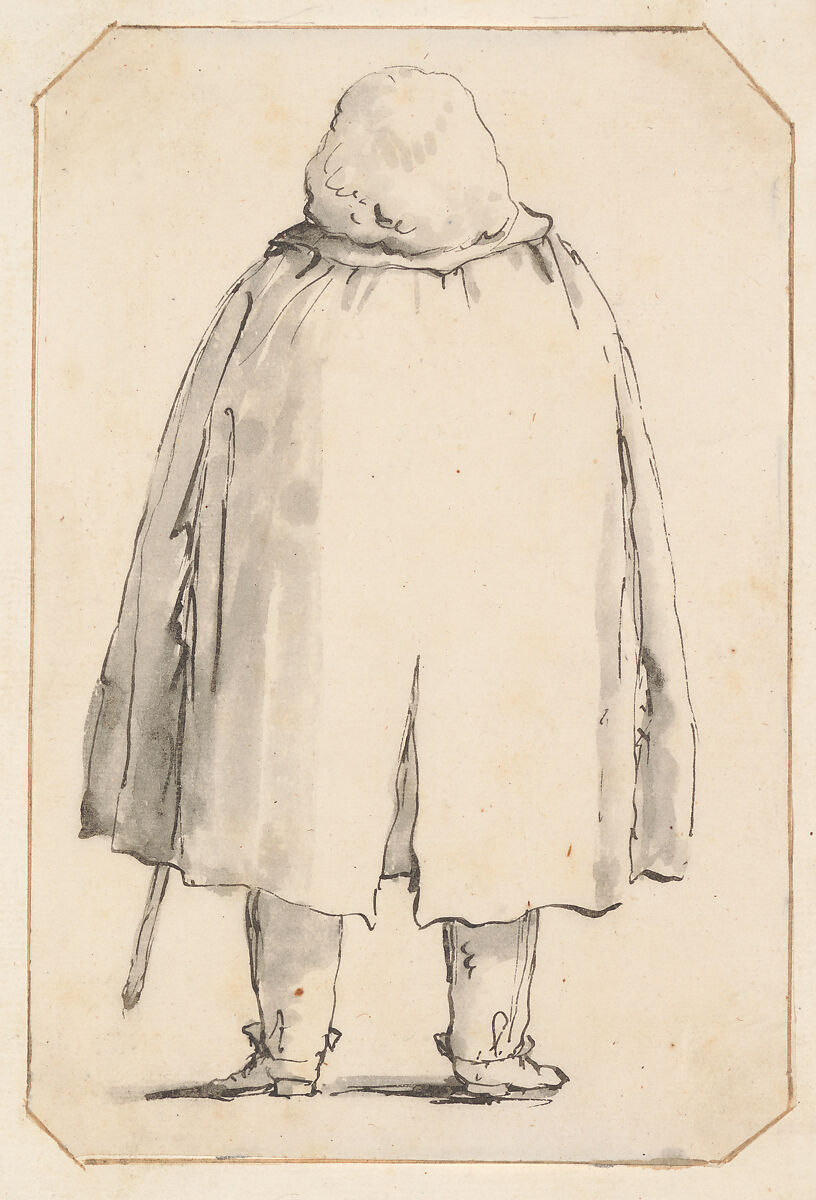 Caricature of a Man in a Voluminous Cloak, Carrying a Walking Stick, Seen from Behind, Giovanni Battista Tiepolo (Italian, Venice 1696–1770 Madrid), Pen and dark brown ink, brown wash 