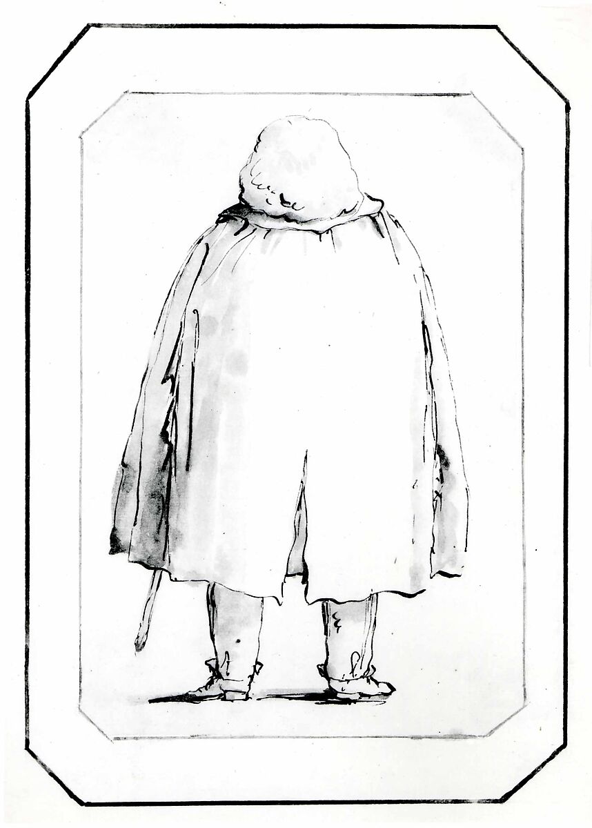 Caricature of a Man in a Voluminous Cloak, Carrying a Walking Stick, Seen from Behind, Giovanni Battista Tiepolo (Italian, Venice 1696–1770 Madrid), Pen and dark brown ink, brown wash