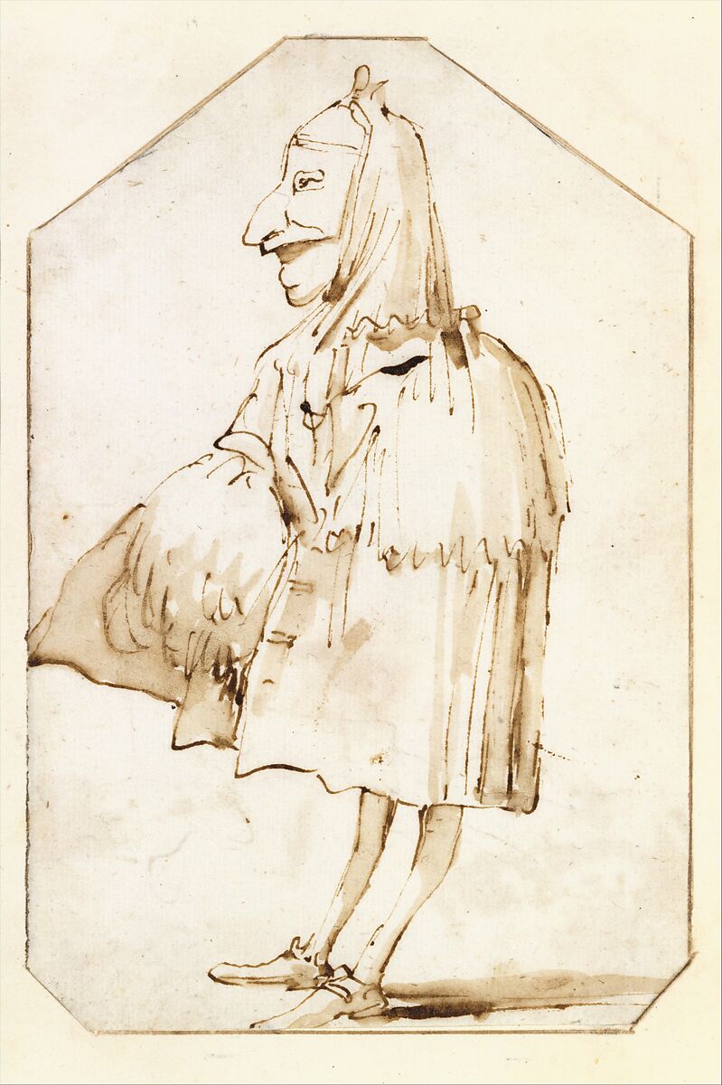 Caricature of a Man in a Mask and a Cloak, Holding a Muff and a Tricorne, Standing in Profile to the Left, Giovanni Battista Tiepolo (Italian, Venice 1696–1770 Madrid), Pen and brown ink, brown wash 