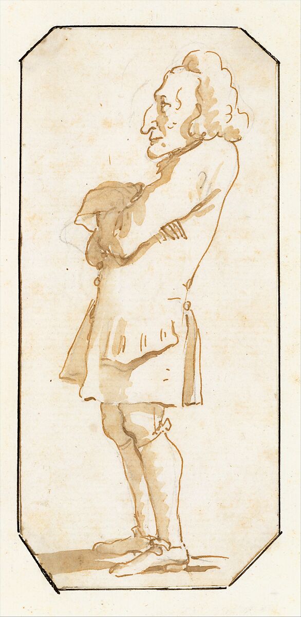 Caricature of a Man with His Arms Folded, Standing in Profile to the Left, Giovanni Battista Tiepolo (Italian, Venice 1696–1770 Madrid), Pen and brown ink, brown wash, over pencil 