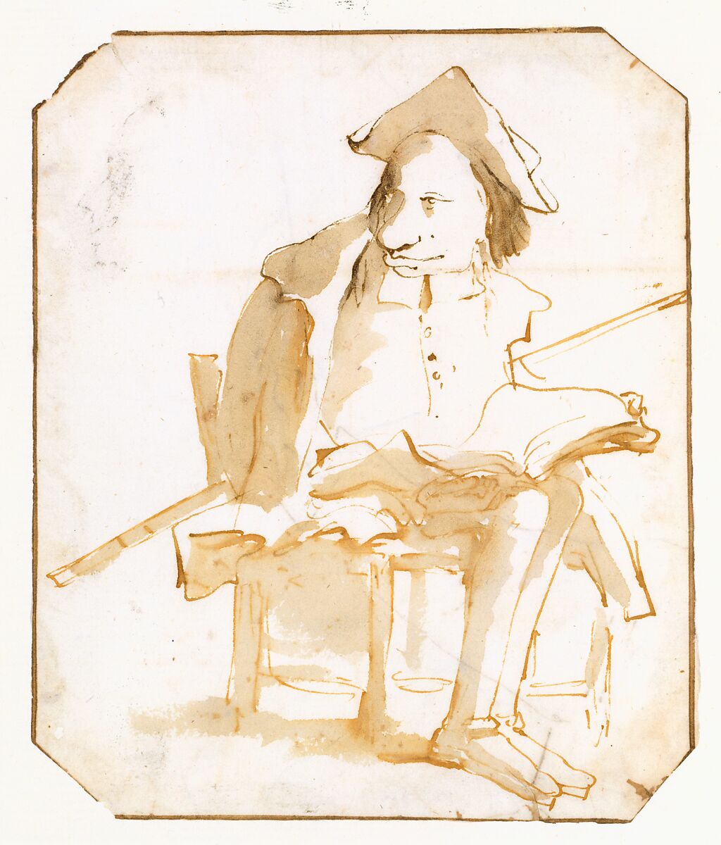 Caricature of a Seated Man with a Book and a Cane, Giovanni Battista Tiepolo (Italian, Venice 1696–1770 Madrid), Pen and brown ink, brown wash, over black chalk 