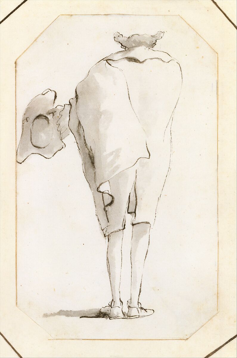 Caricature of a Man Holding a Tricorne, Seen from Behind, Giovanni Battista Tiepolo (Italian, Venice 1696–1770 Madrid), Pen and black ink, gray wash