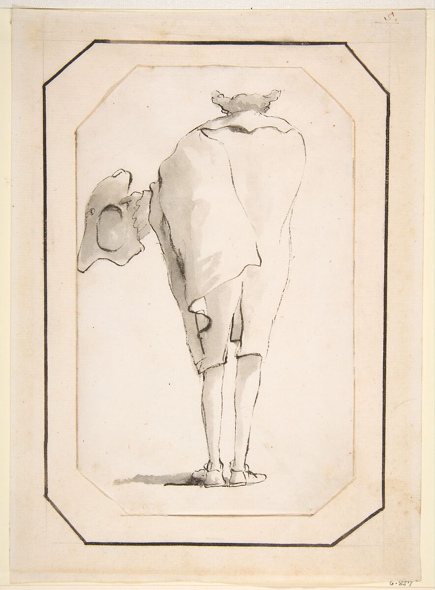 Caricature of a Man Holding a Tricorne, Seen from Behind, Giovanni Battista Tiepolo (Italian, Venice 1696–1770 Madrid), Pen and black ink, gray wash 