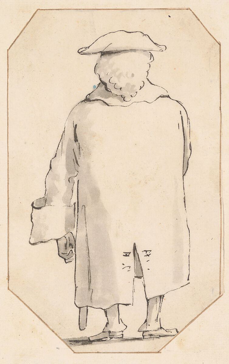 Caricature of a Man Wearing a Wig and a Tricorne, Seen from Behind, Giovanni Battista Tiepolo (Italian, Venice 1696–1770 Madrid), Pen and black ink, gray wash 