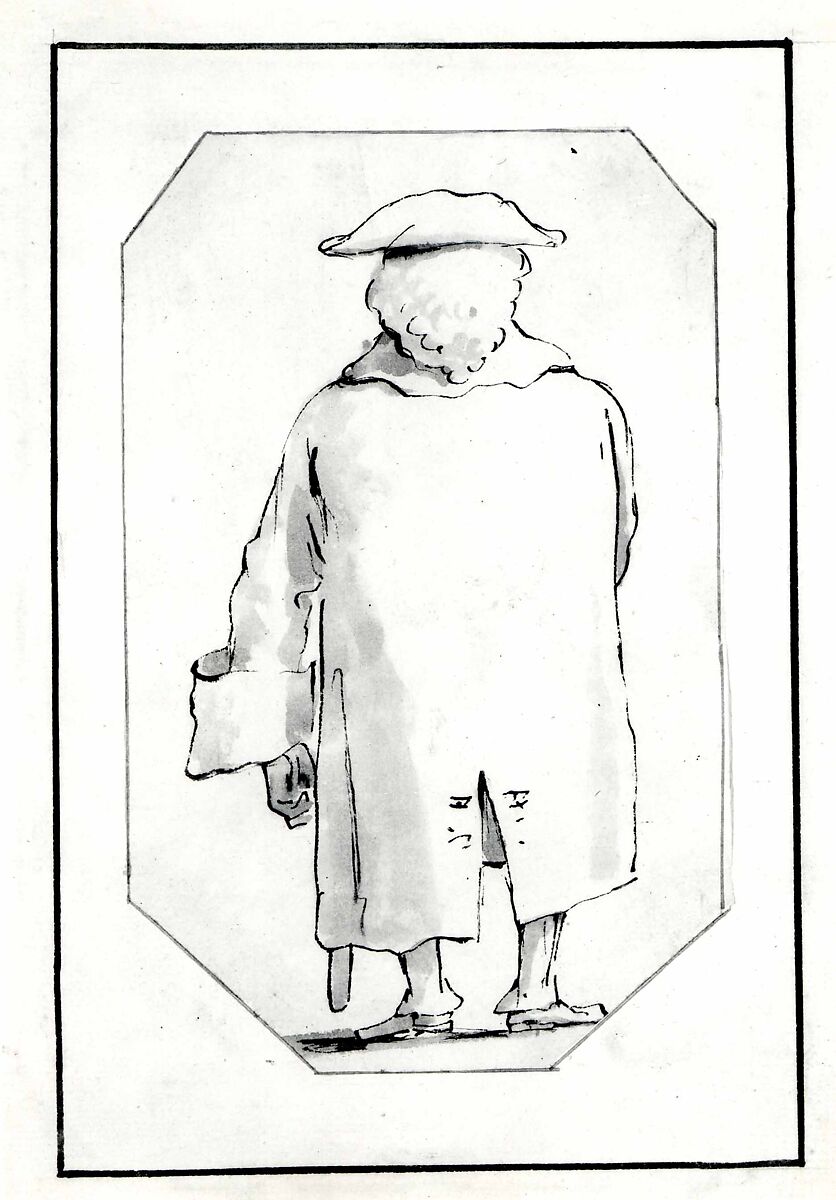 Caricature of a Man Wearing a Wig and a Tricorne, Seen from Behind, Giovanni Battista Tiepolo (Italian, Venice 1696–1770 Madrid), Pen and black ink, gray wash