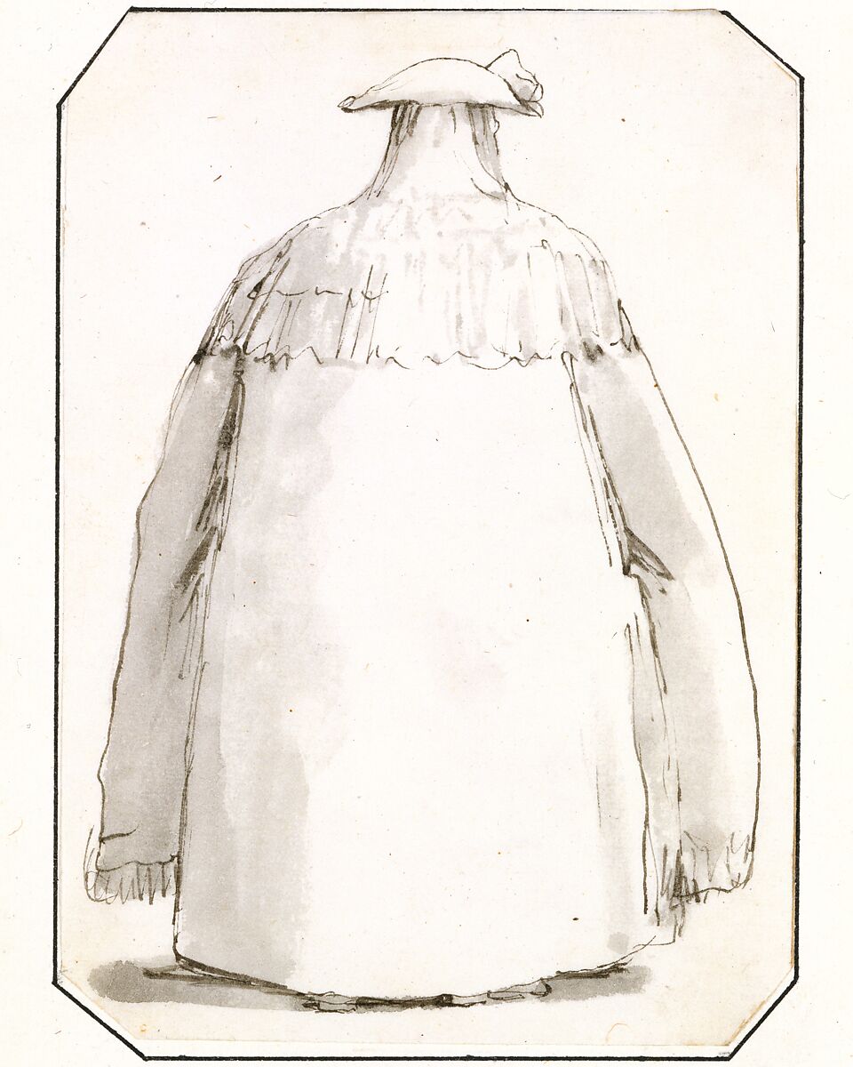 Caricature of a Fat Person Wearing a Long Cloak and a Tricorne, Seen from Behind, Giovanni Battista Tiepolo (Italian, Venice 1696–1770 Madrid), Pen and black ink, gray wash