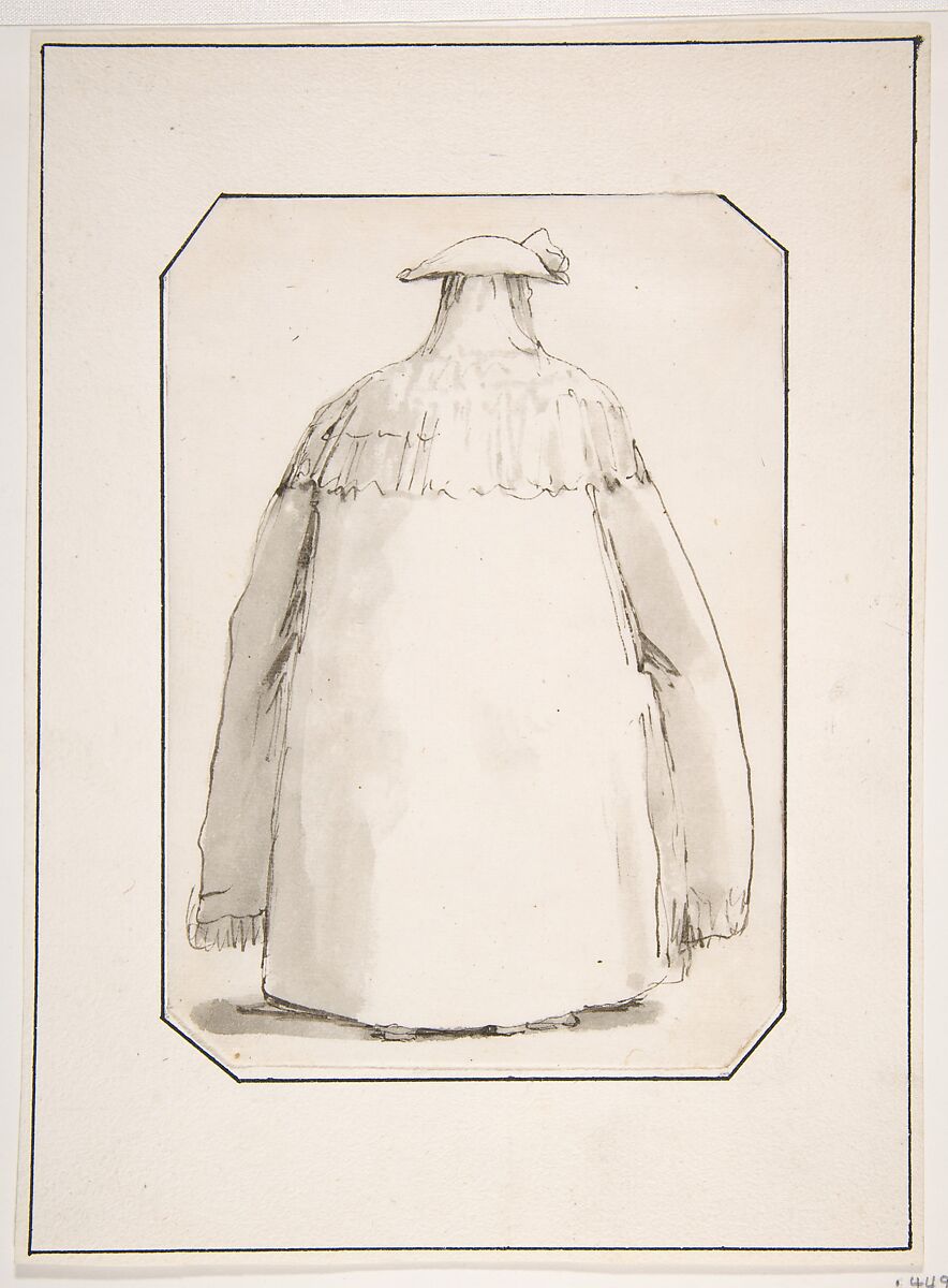 Caricature of a Fat Person Wearing a Long Cloak and a Tricorne, Seen from Behind, Giovanni Battista Tiepolo (Italian, Venice 1696–1770 Madrid), Pen and black ink, gray wash 