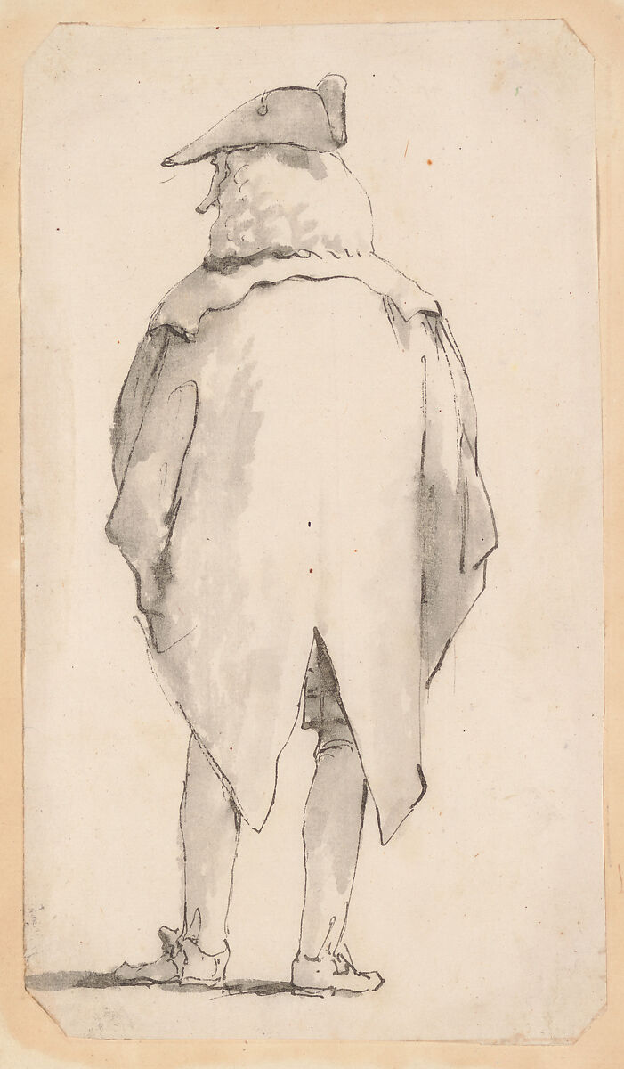 Caricature of a Man Wearing a Wig and a Tricorne, Seen from Behind, Giovanni Battista Tiepolo (Italian, Venice 1696–1770 Madrid), Pen and dark brown ink, brown wash 