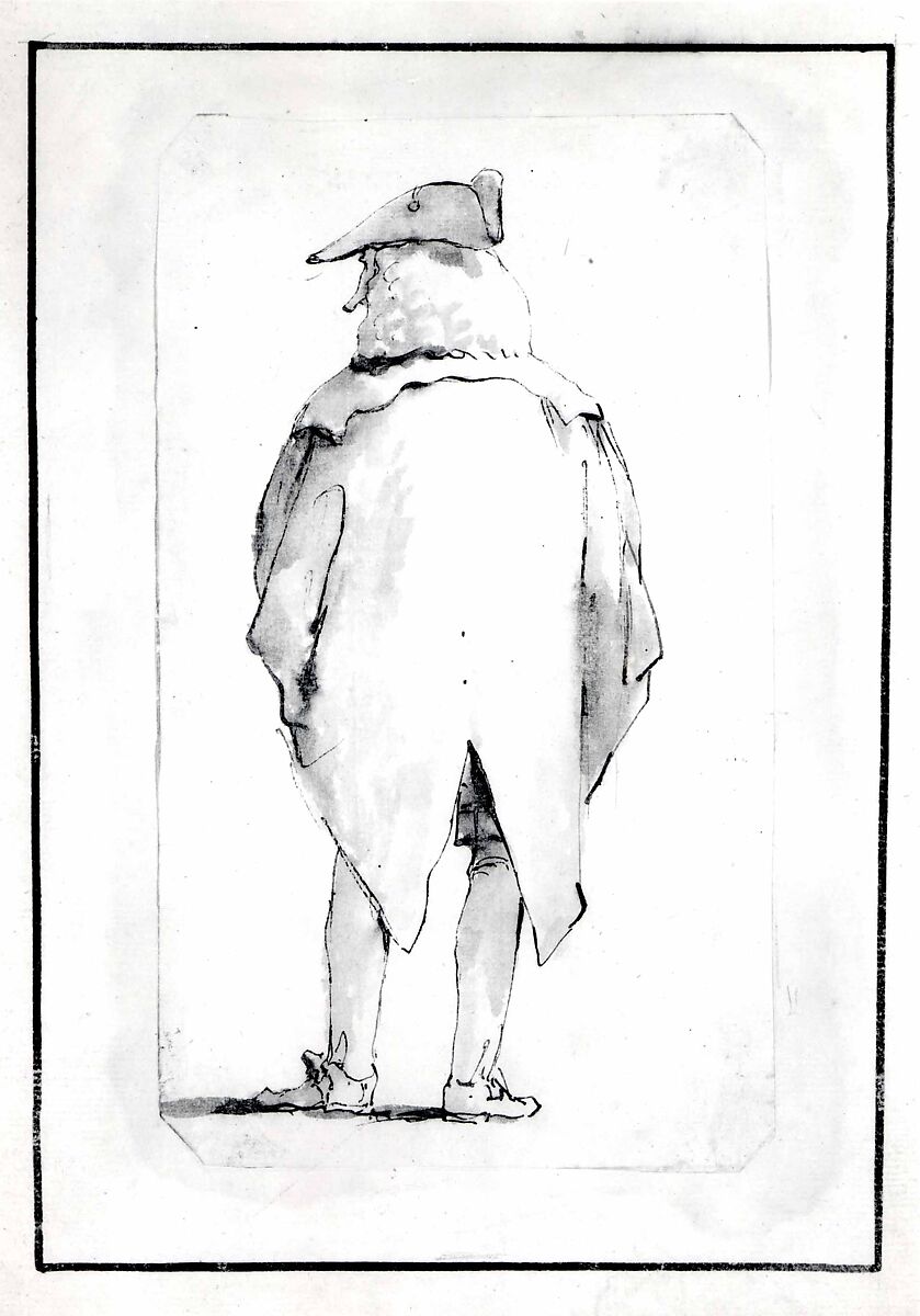 Caricature of a Man Wearing a Wig and a Tricorne, Seen from Behind, Giovanni Battista Tiepolo (Italian, Venice 1696–1770 Madrid), Pen and dark brown ink, brown wash