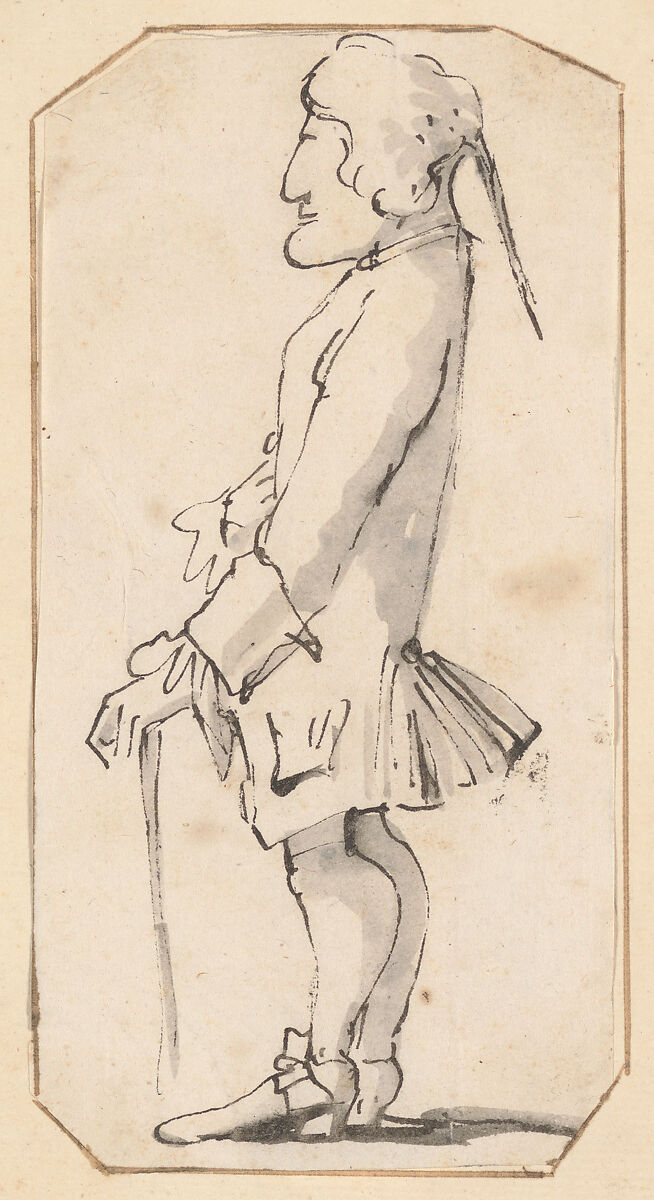 Caricature of a Man Carrying a Stick, Standing in Profile to the Left, Giovanni Battista Tiepolo (Italian, Venice 1696–1770 Madrid), Pen and black ink, gray wash 