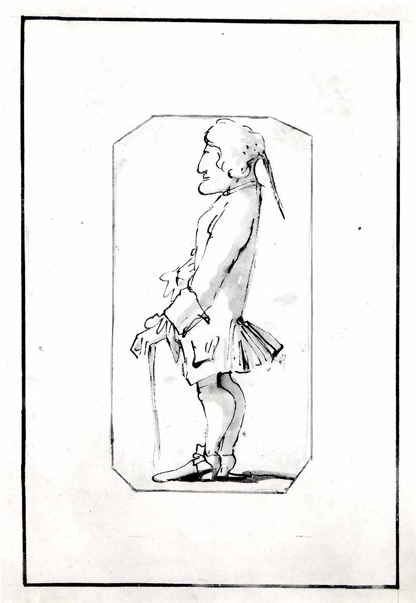 Caricature of a Man Carrying a Stick, Standing in Profile to the Left, Giovanni Battista Tiepolo (Italian, Venice 1696–1770 Madrid), Pen and black ink, gray wash
