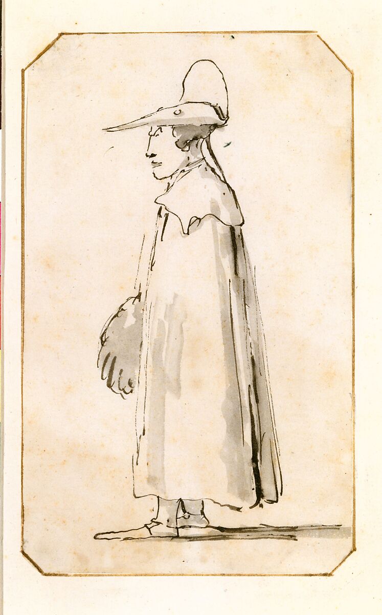 Caricature of a Man in a Long Cloak, Standing in Profile to the Left, Giovanni Battista Tiepolo (Italian, Venice 1696–1770 Madrid), Pen and black ink, gray wash 