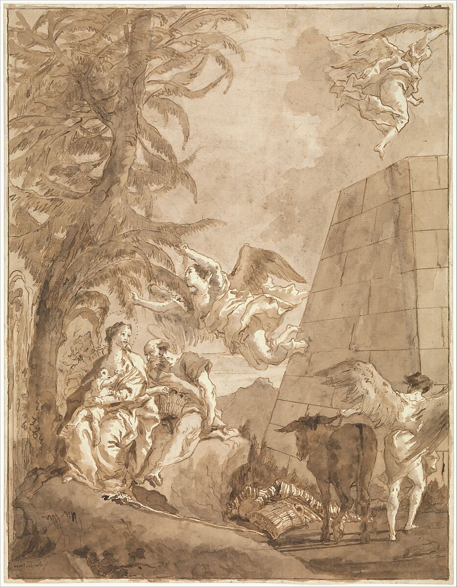 The Rest on the Flight into Egypt (with a Truncated Pyramid on the Right), Giovanni Domenico Tiepolo (Italian, Venice 1727–1804 Venice), Pen and brown ink, brown wash, over rough black chalk 