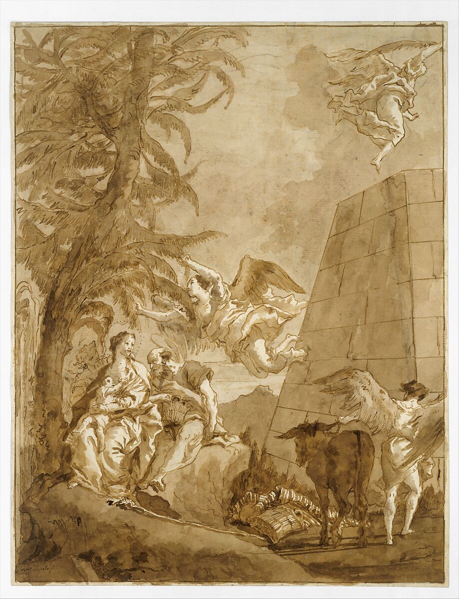 The Rest on the Flight into Egypt (with a Truncated Pyramid on the Right), Giovanni Domenico Tiepolo (Italian, Venice 1727–1804 Venice), Pen and brown ink, brown wash, over rough black chalk