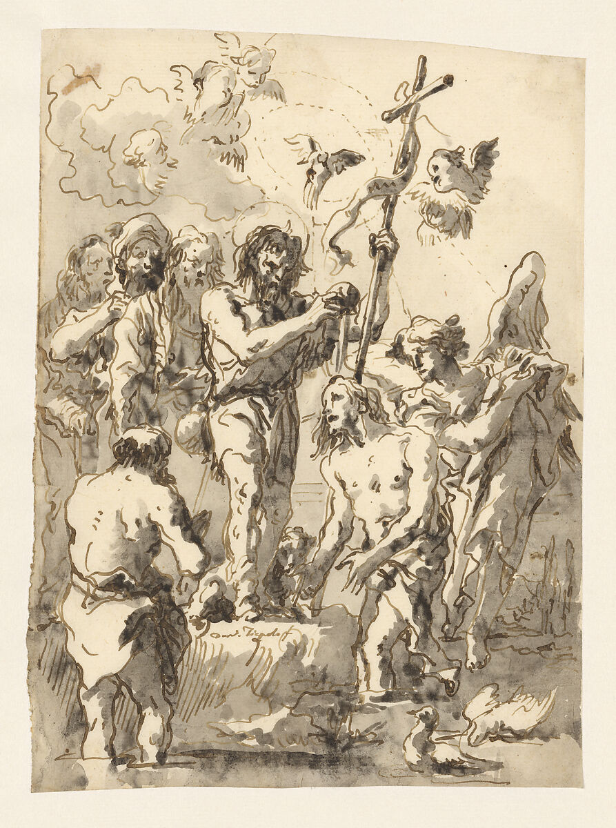 The Baptism of Christ (with Two Ducks in the Water at Lower Right), Giovanni Domenico Tiepolo (Italian, Venice 1727–1804 Venice), Pen and brown ink, brown and gray wash 
