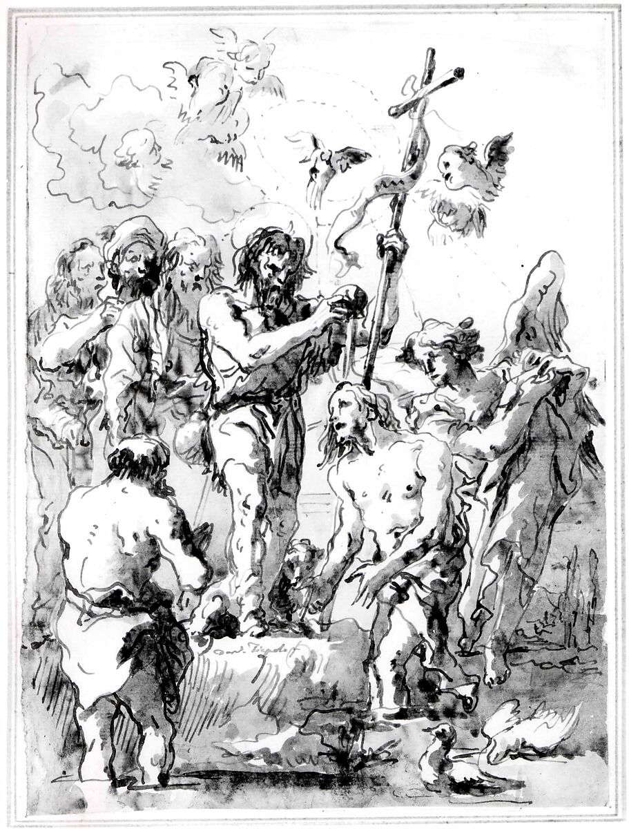 The Baptism of Christ (with Two Ducks in the Water at Lower Right), Giovanni Domenico Tiepolo (Italian, Venice 1727–1804 Venice), Pen and brown ink, brown and gray wash