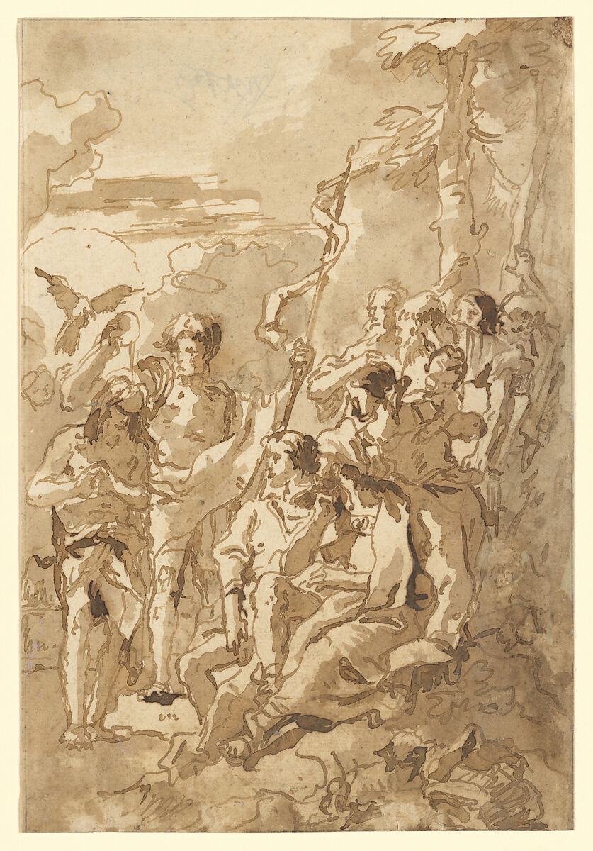 The Baptism of Christ (with a Woman Holding a Child Among the Spectators at the Right), Giovanni Domenico Tiepolo (Italian, Venice 1727–1804 Venice), Pen and brown ink, brown wash 