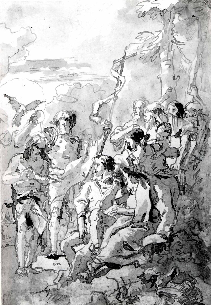 The Baptism of Christ (with a Woman Holding a Child Among the Spectators at the Right), Giovanni Domenico Tiepolo (Italian, Venice 1727–1804 Venice), Pen and brown ink, brown wash