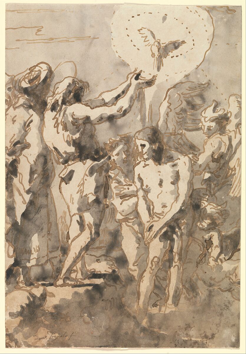 The Baptism of Christ (with Saint John, Without his Cross, in Profile to the Right), Giovanni Domenico Tiepolo (Italian, Venice 1727–1804 Venice), Pen and brown ink, gray wash 