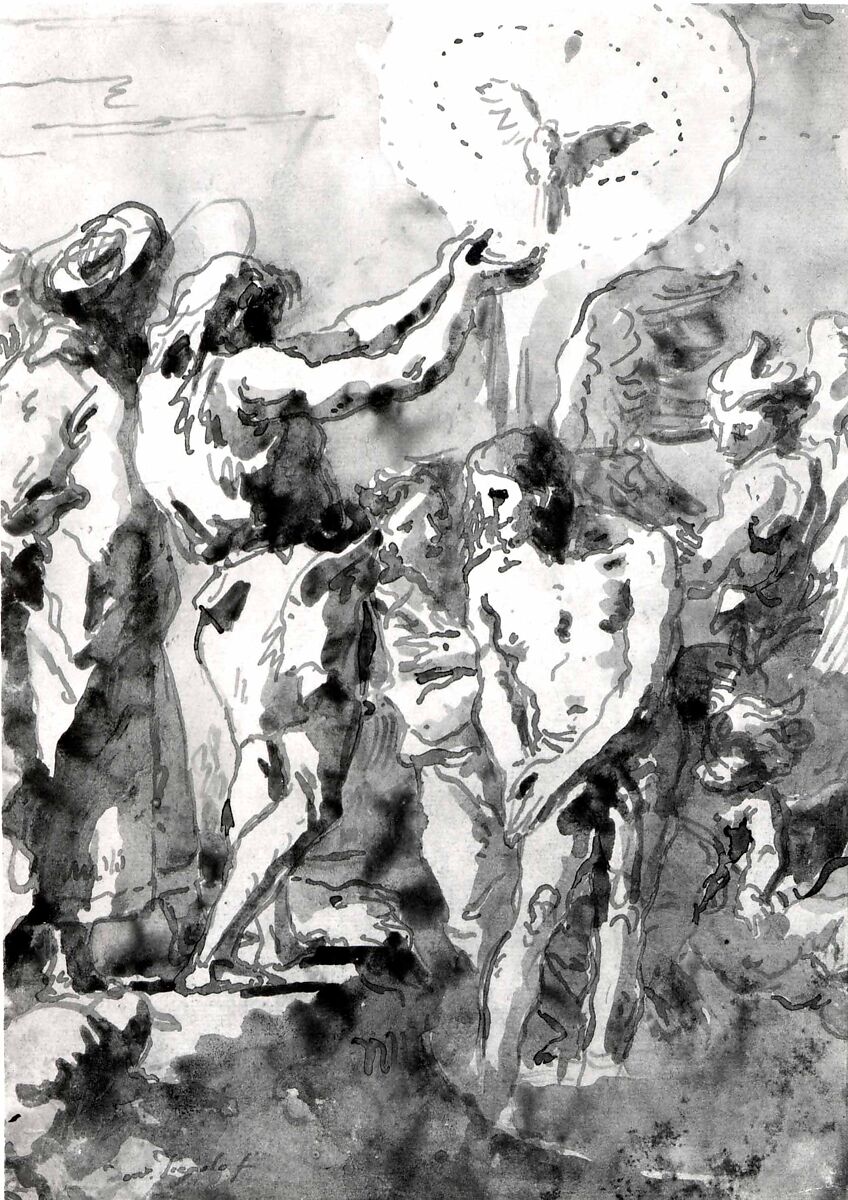 The Baptism of Christ (with Saint John, Without his Cross, in Profile to the Right), Giovanni Domenico Tiepolo (Italian, Venice 1727–1804 Venice), Pen and brown ink, gray wash