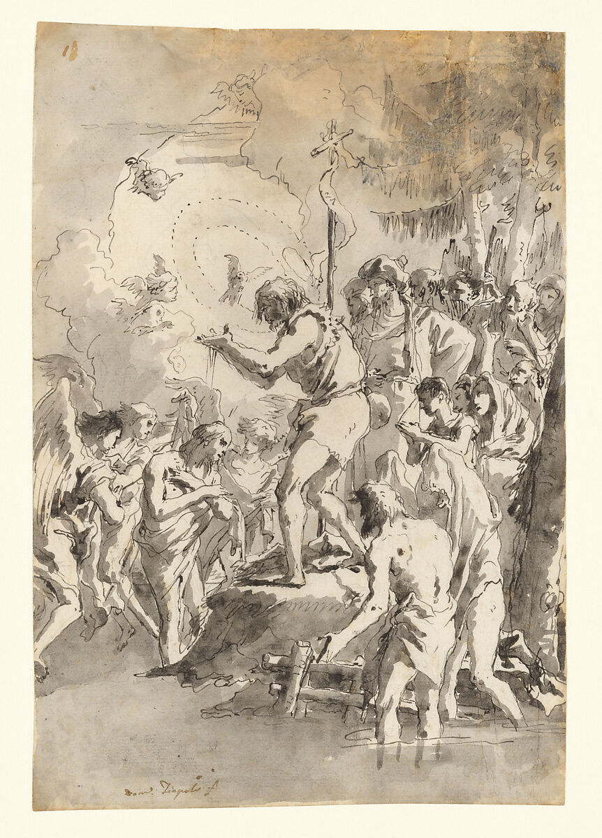 The Baptism of Christ (with Three Angels Attending Him), Giovanni Domenico Tiepolo (Italian, Venice 1727–1804 Venice), Pen and brown-gray ink, brown-gray wash 