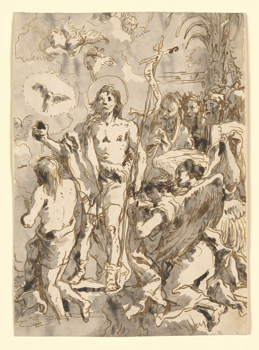 The Baptism of Christ (with Christ Half-Kneeling at Left, His Back Turned, and the Baptist Full-Faced at Center, Looking Up), Giovanni Domenico Tiepolo (Italian, Venice 1727–1804 Venice), Pen and brown ink, brown-gray wash 