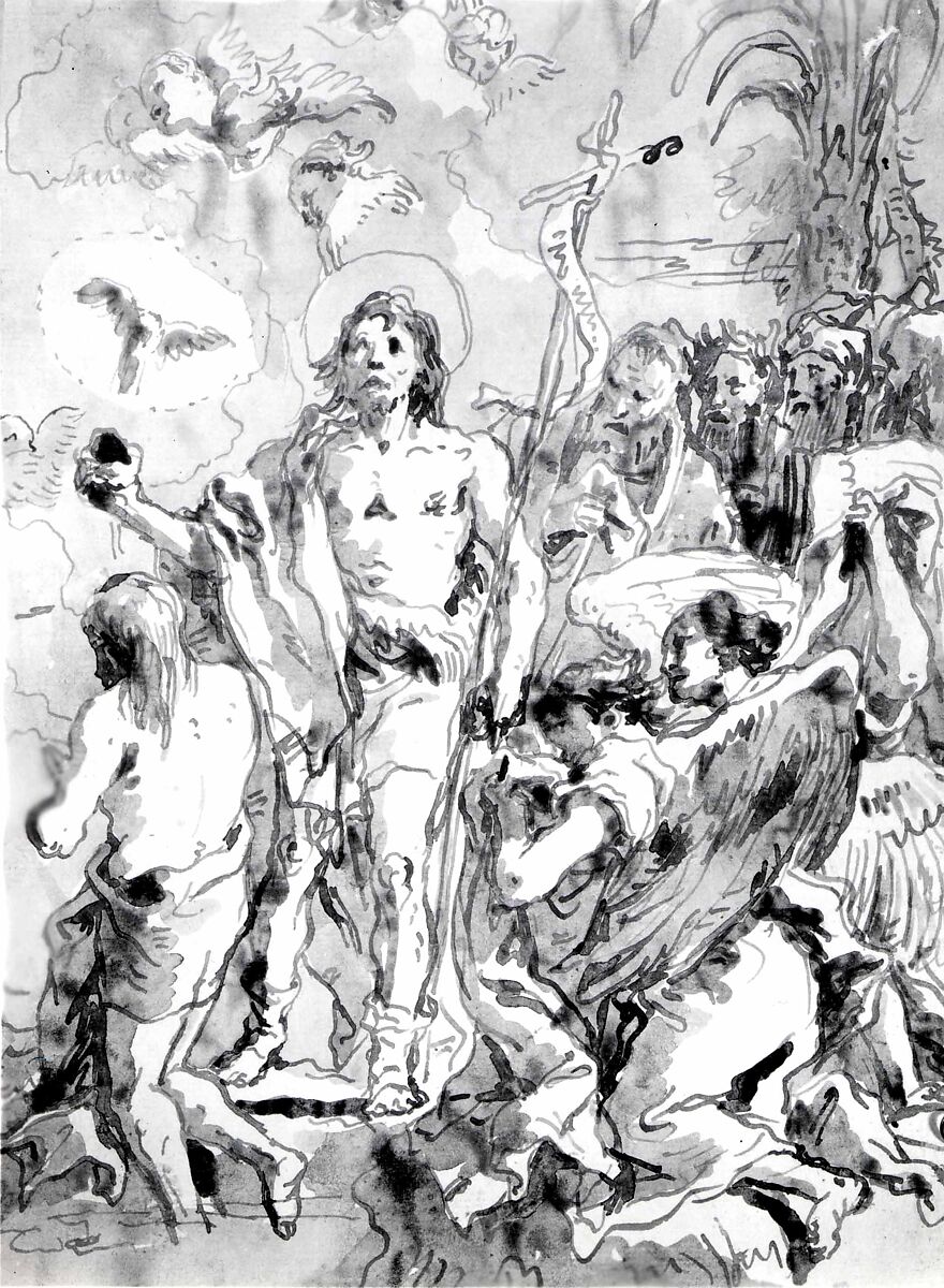 The Baptism of Christ (with Christ Half-Kneeling at Left, His Back Turned, and the Baptist Full-Faced at Center, Looking Up), Giovanni Domenico Tiepolo (Italian, Venice 1727–1804 Venice), Pen and brown ink, brown-gray wash