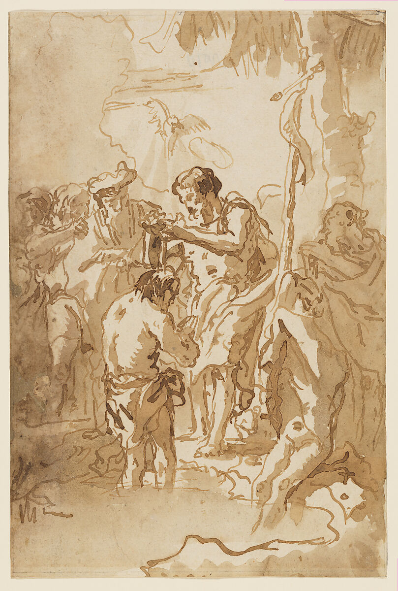 The Baptism of Christ (with Christ Standing at Left Center, His Back Turned, and a Youth Stripping in the Right Foreground), Giovanni Domenico Tiepolo (Italian, Venice 1727–1804 Venice), Pen and brown ink, light brown wash 