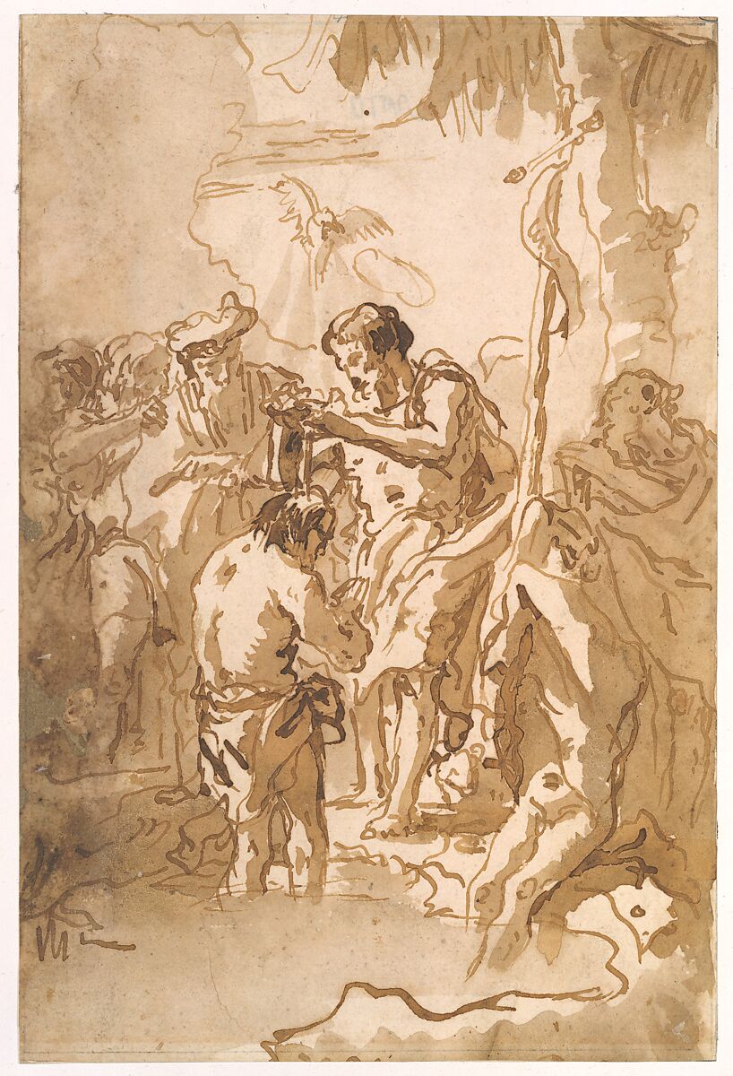The Baptism of Christ (with Christ Standing at Left Center, His Back Turned, and a Youth Stripping in the Right Foreground), Giovanni Domenico Tiepolo (Italian, Venice 1727–1804 Venice), Pen and brown ink, light brown wash