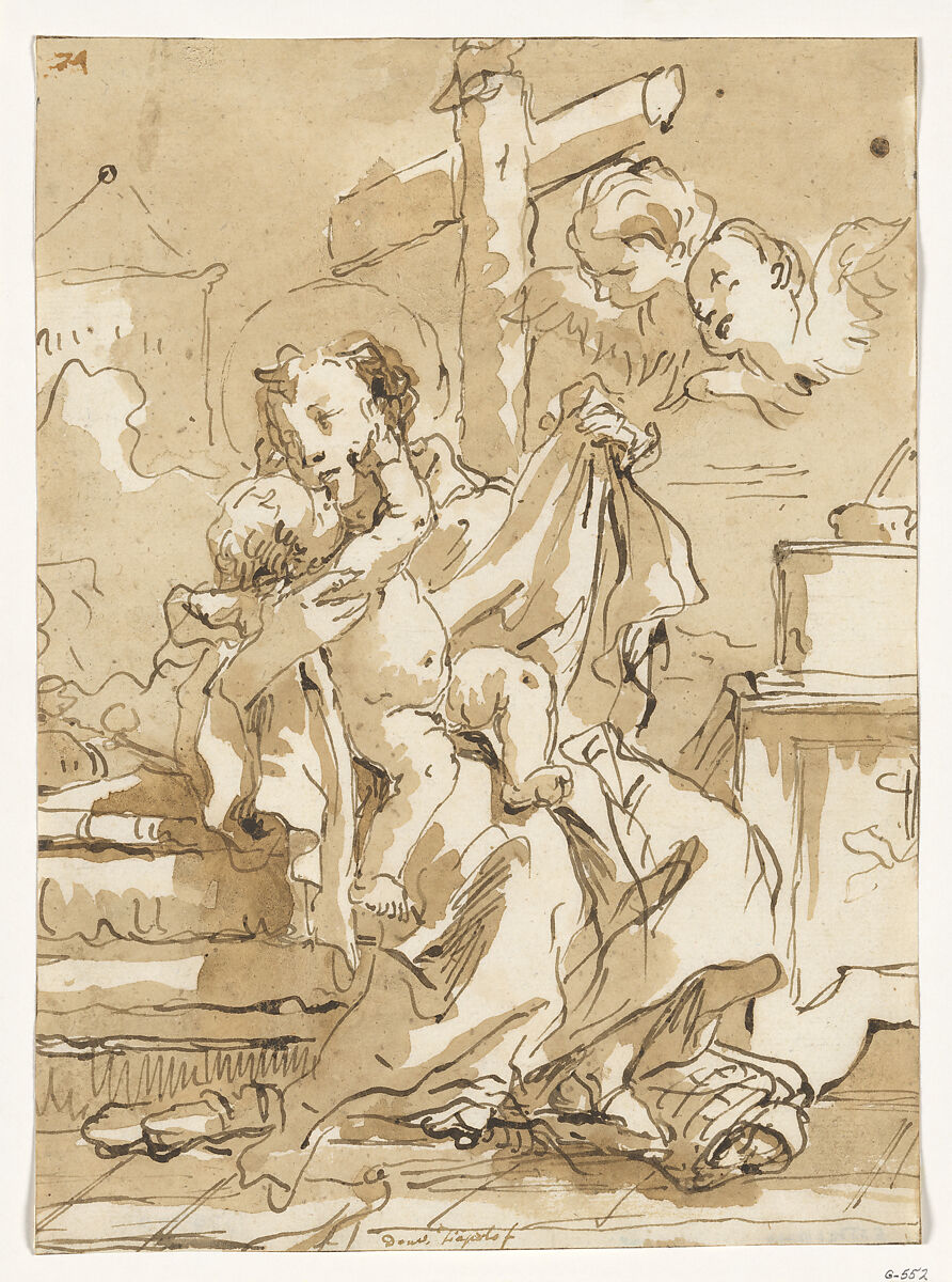 Saint Anthony of Padua with the Christ Child, in an Interior, Giovanni Domenico Tiepolo (Italian, Venice 1727–1804 Venice), Pen and brown ink, brown wash 