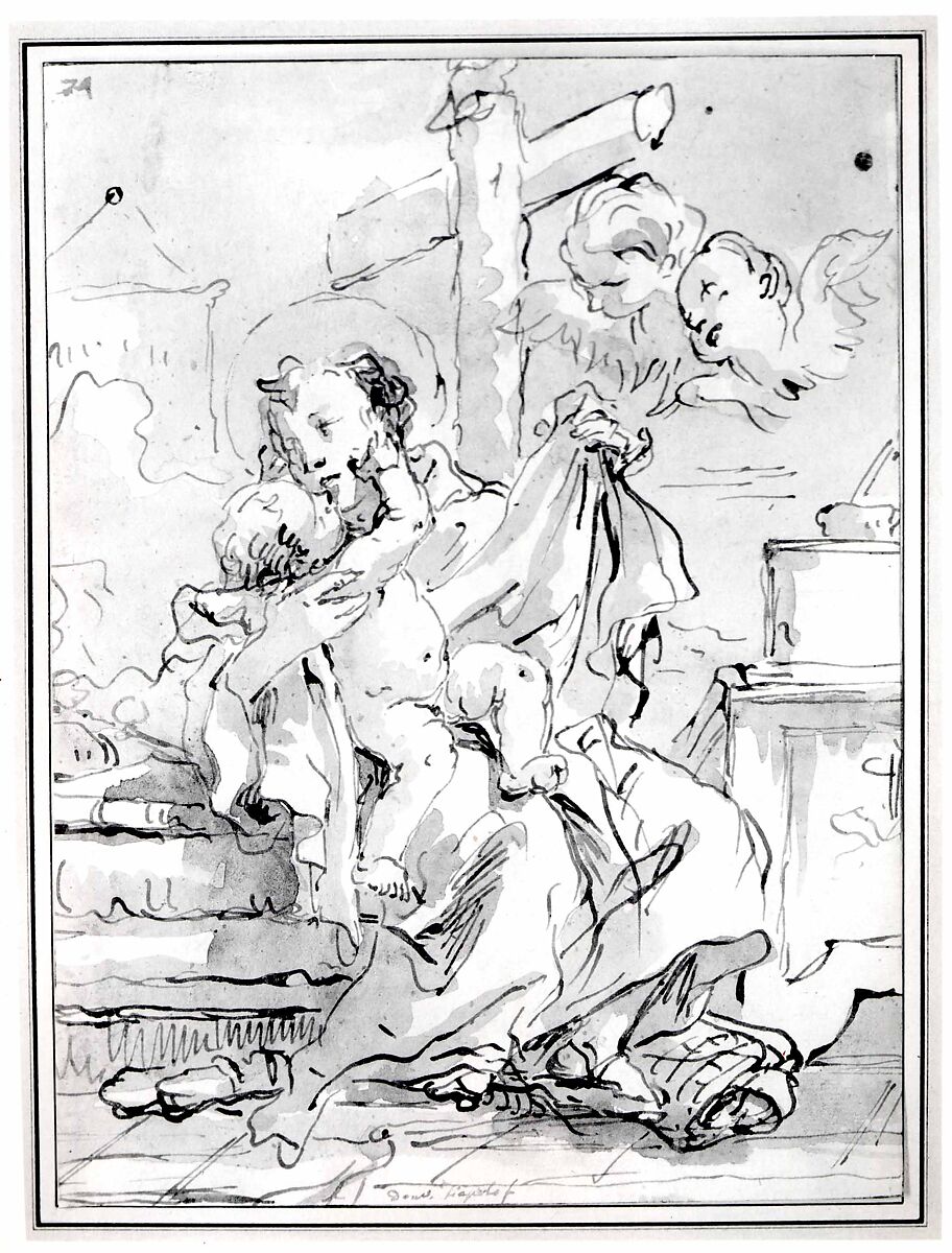 Saint Anthony of Padua with the Christ Child, in an Interior, Giovanni Domenico Tiepolo (Italian, Venice 1727–1804 Venice), Pen and brown ink, brown wash