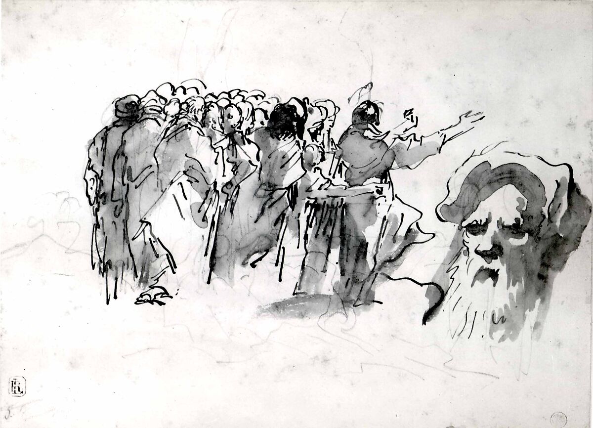 A Saint Preaching, and the Head of an Oriental, Giovanni Domenico Tiepolo (Italian, Venice 1727–1804 Venice), Pen and brown ink, brown wash, over rough black chalk