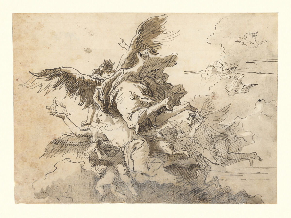 Angels in the Sky, Giovanni Domenico Tiepolo (Italian, Venice 1727–1804 Venice), Pen and gray and brown ink, gray and brown wash 