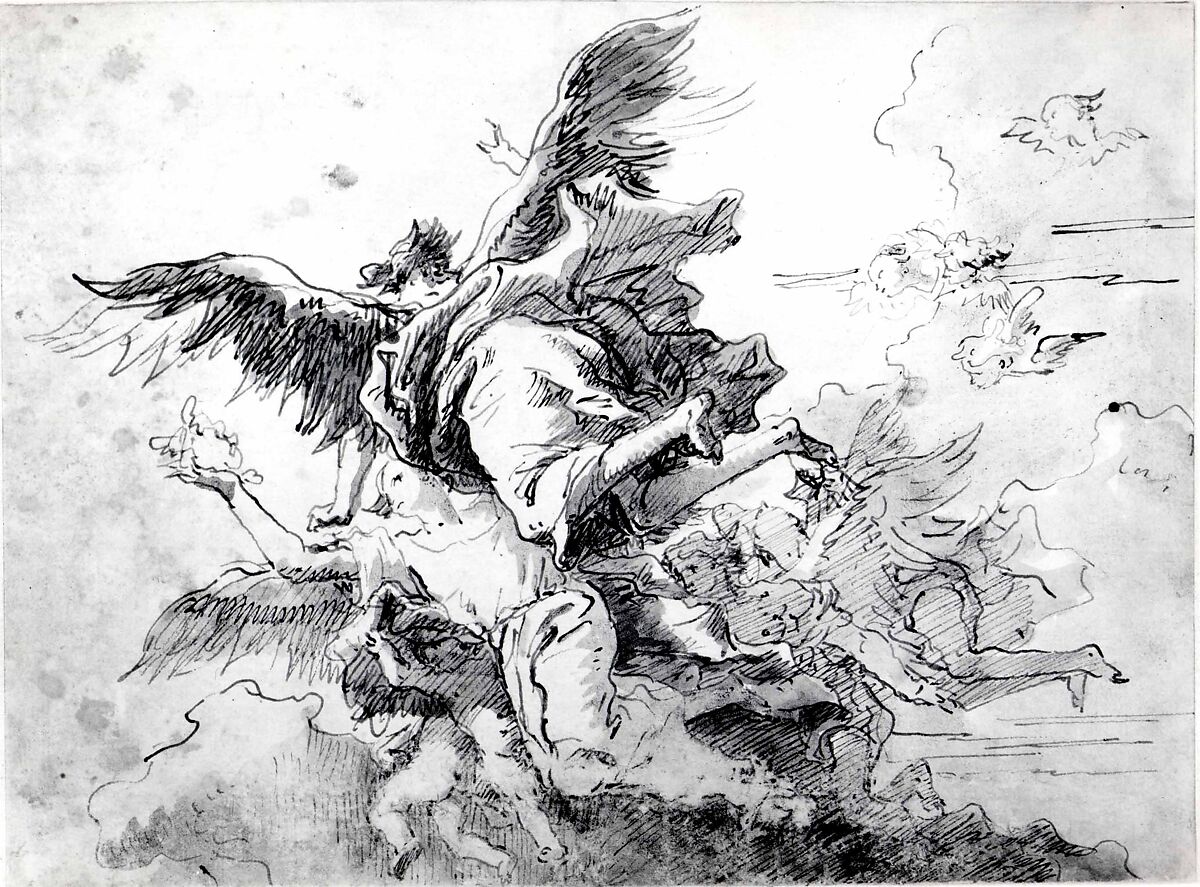 Angels in the Sky, Giovanni Domenico Tiepolo (Italian, Venice 1727–1804 Venice), Pen and gray and brown ink, gray and brown wash