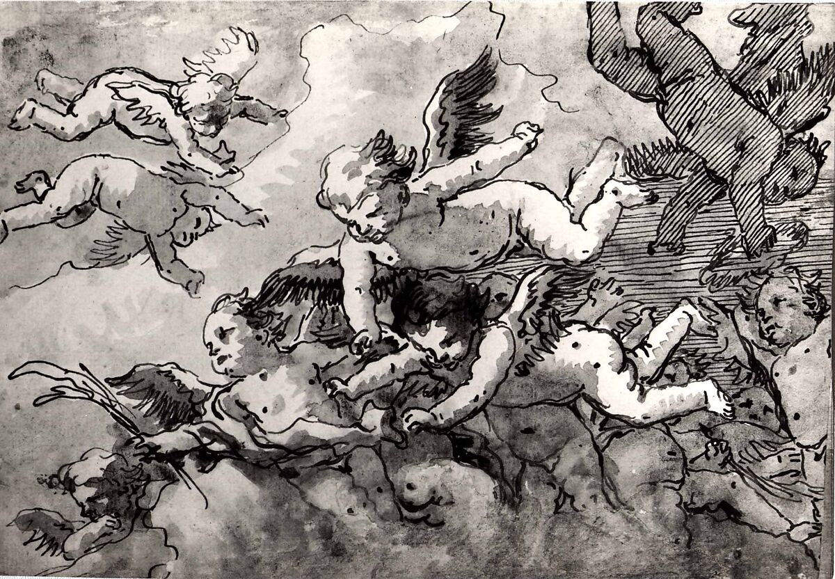 A Flock of Winged Cherubs in the Sky, One Holding a Martyr's Palm, Giovanni Domenico Tiepolo (Italian, Venice 1727–1804 Venice), Pen and brown ink, brown and gray wash