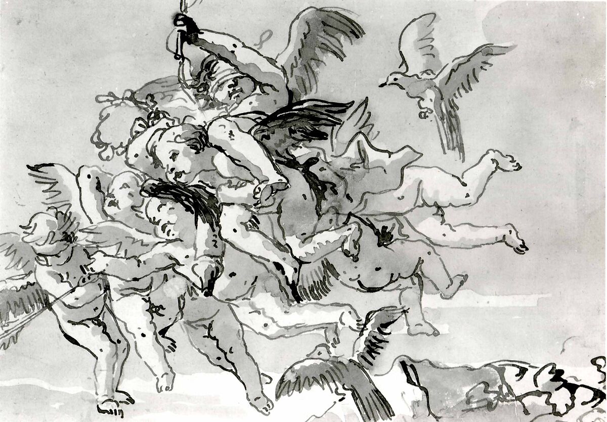 Cupid Blindfolded, Carried Through the Sky by Seven Winged Putti, Giovanni Domenico Tiepolo (Italian, Venice 1727–1804 Venice), Pen and brown ink, brown wash