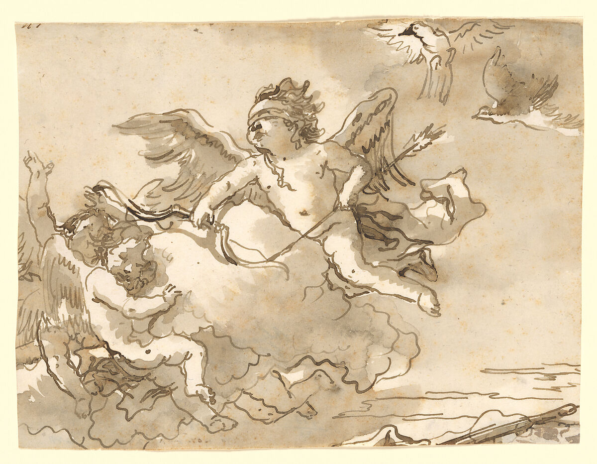Cupid Blindfolded, on a  Cloud Supported by Two Attendant Putti, Giovanni Domenico Tiepolo (Italian, Venice 1727–1804 Venice), Pen and two shades of brown ink, brownish gray wash 