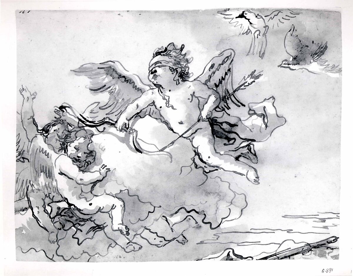 Cupid Blindfolded, on a  Cloud Supported by Two Attendant Putti, Giovanni Domenico Tiepolo (Italian, Venice 1727–1804 Venice), Pen and two shades of brown ink, brownish gray wash